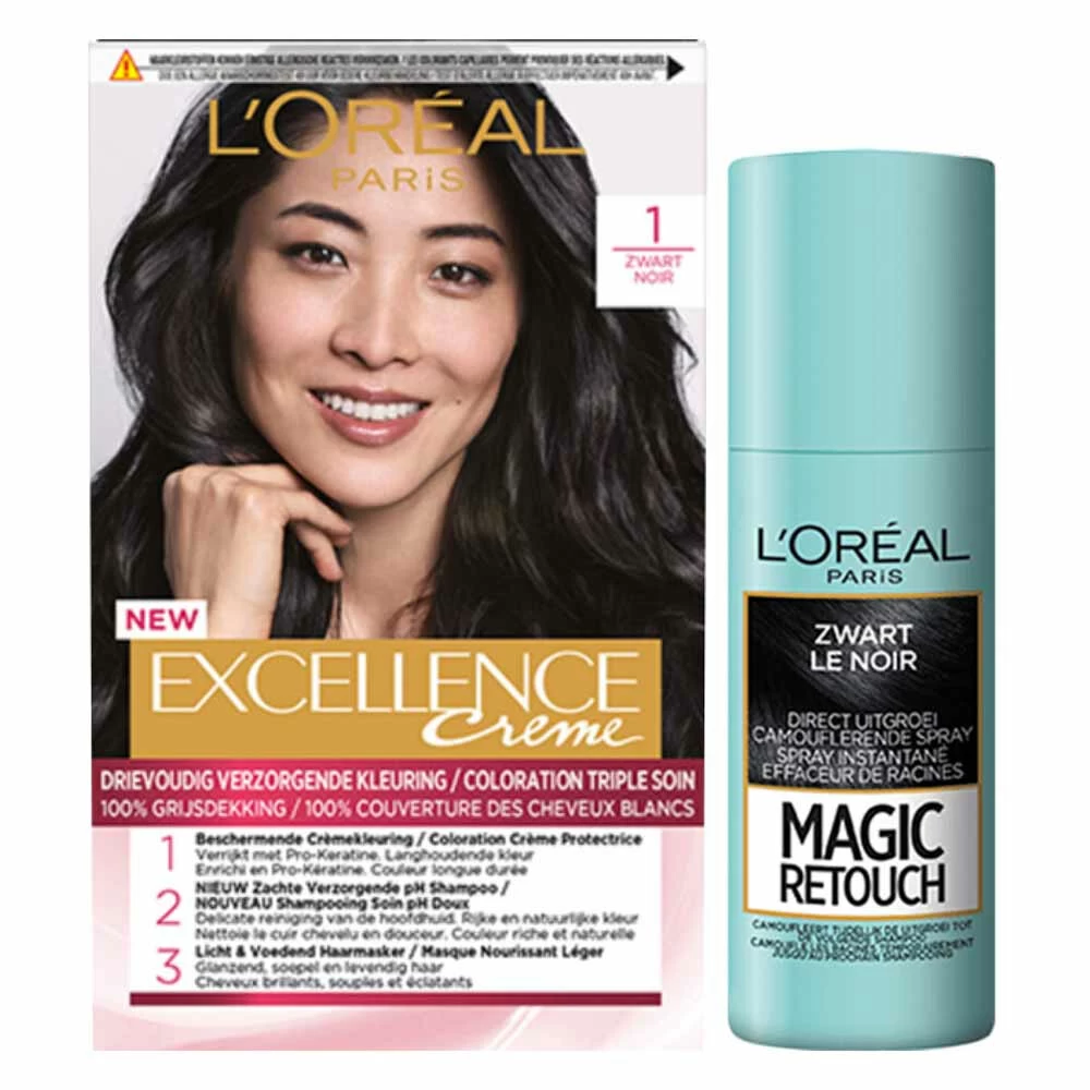 L'Oreal Lu0027Oréal Excellence Creme 1 Zwart + Magic Retouch Uitgroeispray Zwart 75 Ml Pakket 3 L'Oreal Lu0027Oréal Excellence Creme 1 Zwart + Magic Retouch Uitgroeispray Zwart 75 Ml Pakket