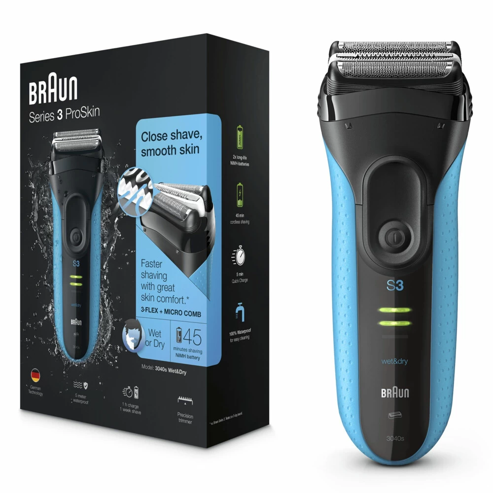 Braun Elektrisch Scheerapparaat S3 ProSkin 3040s Oplaadbaar Zwart / Blauw 3 Braun Elektrisch Scheerapparaat S3 ProSkin 3040s Oplaadbaar Zwart / Blauw